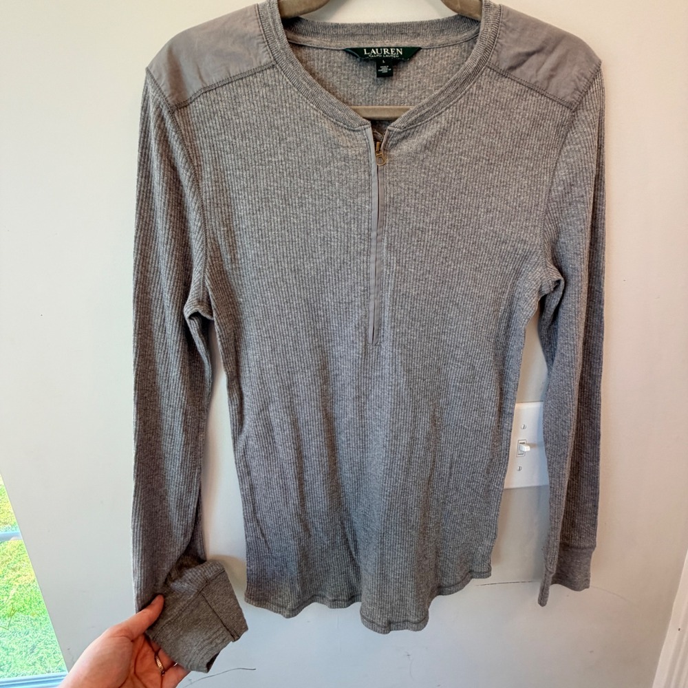 Lauren Ralph Lauren Quarter Zip Thermal Top Women Size L Grey Ribbed Minimalist